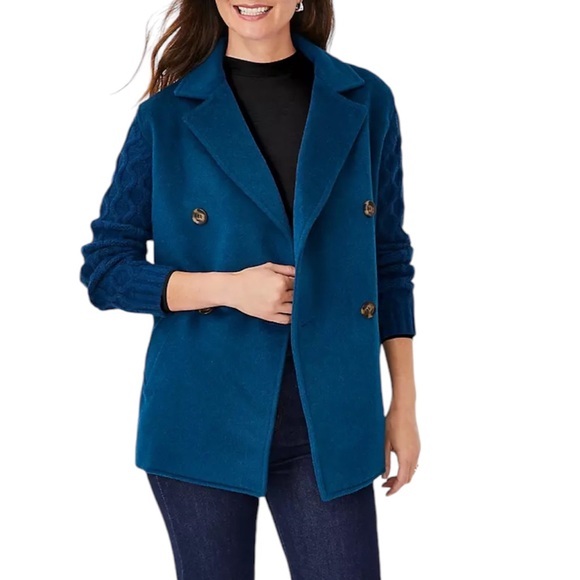 Ann Taylor Wool Blend Mixed Media Breasted Buttoned  Blue Cable Cardigan LP - Picture 1 of 16